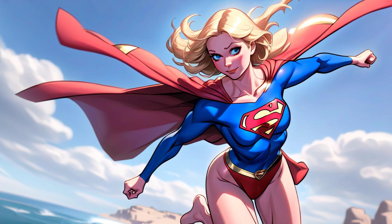  a supergirl in an open swimsuit is flying