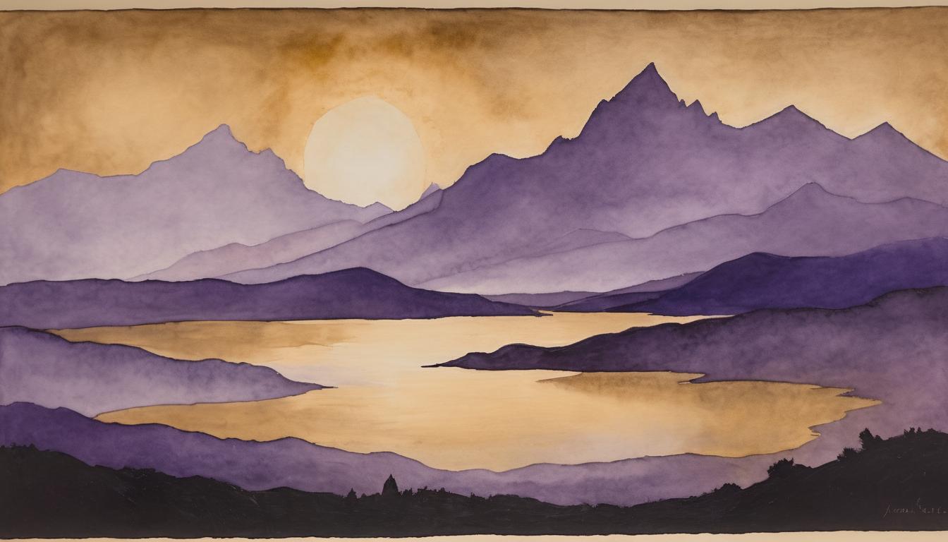  on parchment, surrealism++, boundless horizon under a twilight sky, soft gradients of color blending from dark purple to pale gold, silhouetted mountains in the distance, vast potential, open, serene(mysterious, provocative, symbolic)++