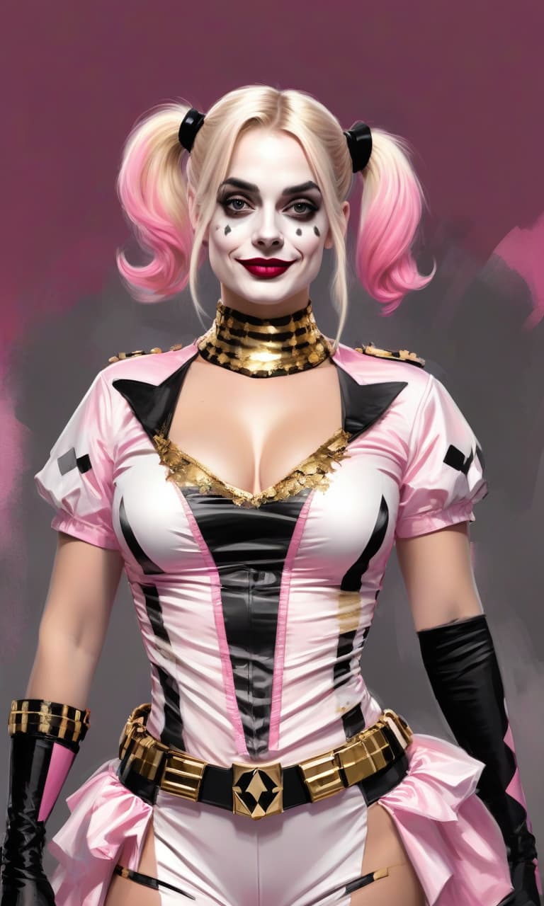  concept art pink, gold, black, white margot robbins as harley quinn costume . digital artwork, illustrative, painterly, matte painting, highly detailed, perfect hands