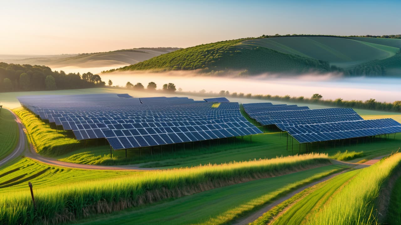  a serene landscape depicting a sprawling field of solar panels under a bright blue sky, with wind turbines elegantly spinning on a distant hill, surrounded by lush greenery and a clear, flowing river. hyperrealistic, full body, detailed clothing, highly detailed, cinematic lighting, stunningly beautiful, intricate, sharp focus, f/1. 8, 85mm, (centered image composition), (professionally color graded), ((bright soft diffused light)), volumetric fog, trending on instagram, trending on tumblr, HDR 4K, 8K