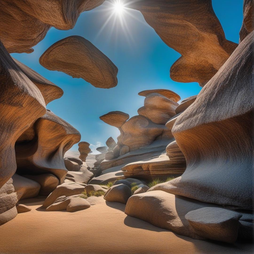  A scenic view of the Serra da Capivara National Park in Piauí, with ancient rock formations and prehistoric cave paintings under a bright blue sky. digital art, ilustration, law, stock photo hyperrealistic, full body, detailed clothing, highly detailed, cinematic lighting, stunningly beautiful, intricate, sharp focus, f/1. 8, 85mm, (centered image composition), (professionally color graded), ((bright soft diffused light)), volumetric fog, trending on instagram, trending on tumblr, HDR 4K, 8K