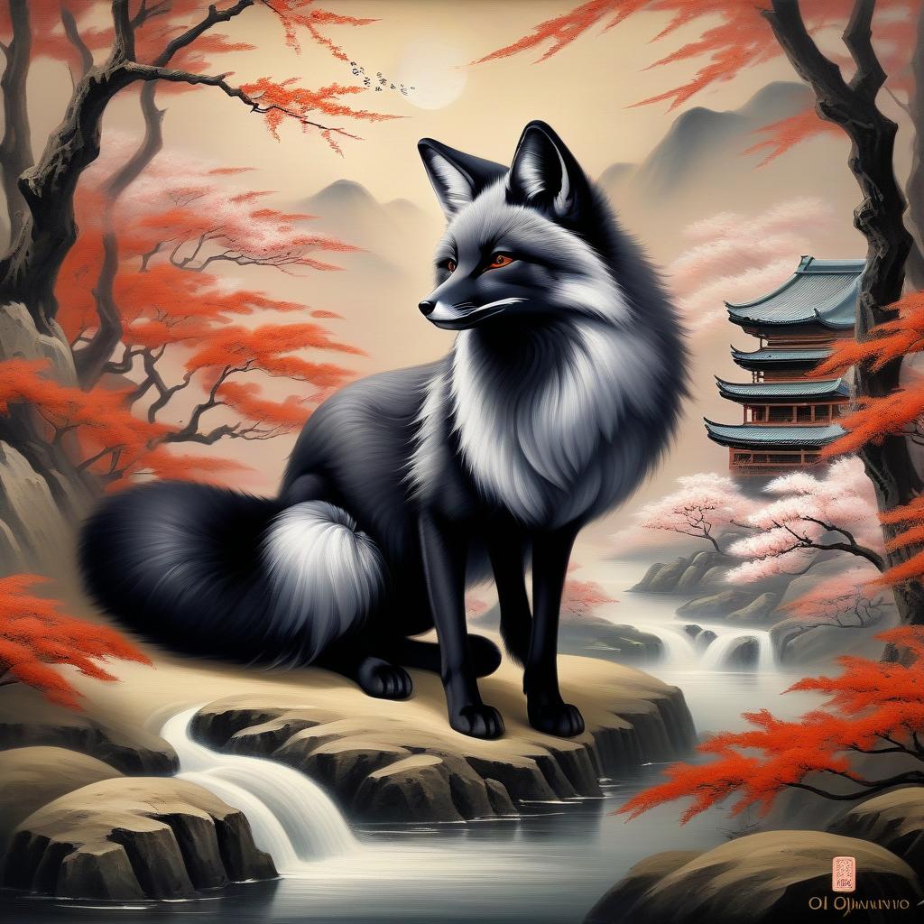  black fox with eight tails, kumiho, scenery of ancient japan, hkmagic, oil painting