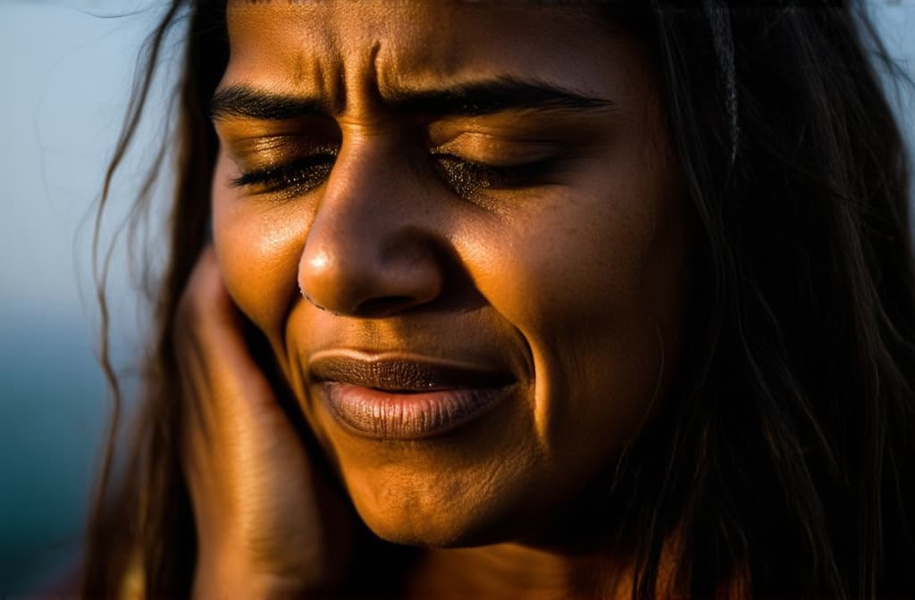  young sad native american woman crying with tears streaming down her cheeks. emotional breakdown, closed eyes and closed mouth ar 3:2, (natural skin texture), highly detailed face, depth of field, hyperrealism, soft light, muted colors