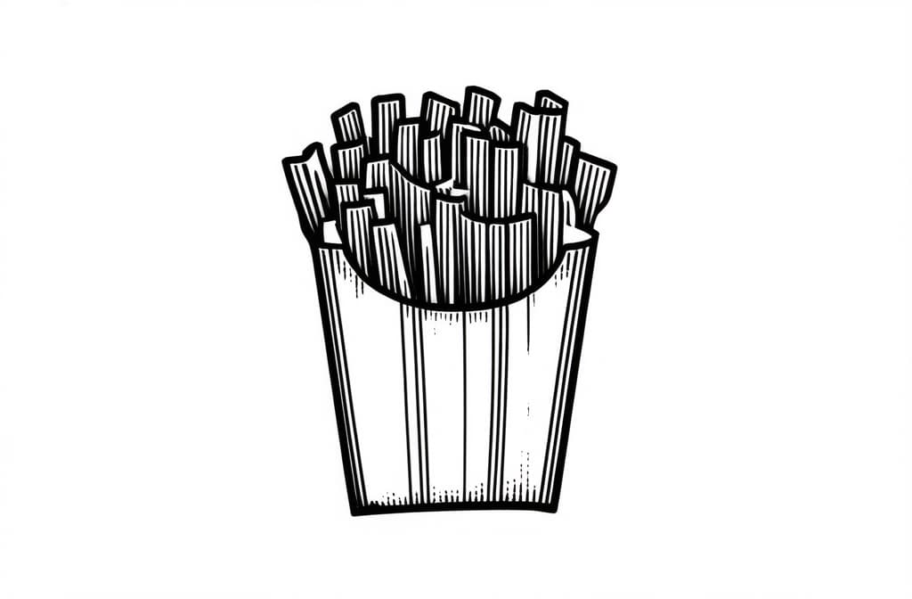  contour, very simple image in one unbroken black ink line, single line of french fries, engraving illustration, icon isolated on white background ar 3:2 using a single continuous black line ink brushon white background, drawing should be created without lifting the pen, recognizable features of french fries, engraving illustration, icon isolated on white background ar 3:2 in one unbroken line