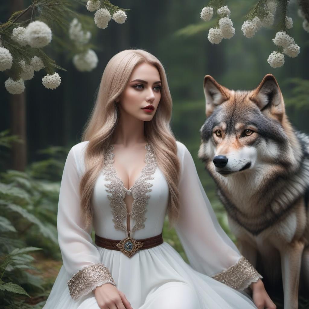  Remove the wolf to the right of the girl hyperrealistic, full body, detailed clothing, highly detailed, cinematic lighting, stunningly beautiful, intricate, sharp focus, f/1. 8, 85mm, (centered image composition), (professionally color graded), ((bright soft diffused light)), volumetric fog, trending on instagram, trending on tumblr, HDR 4K, 8K