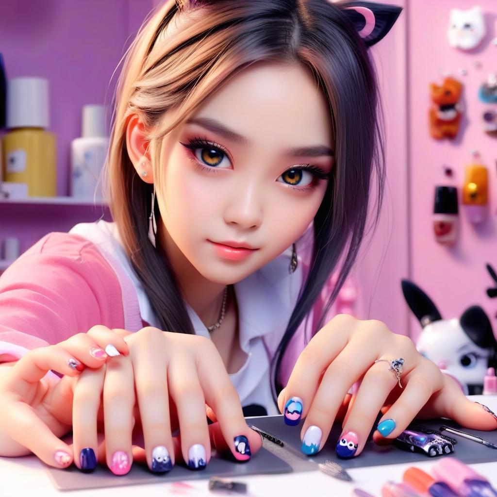  anime artwork cute young woman with paws and claws at nail design studio . anime style, key visual, vibrant, studio anime, highly detailed, perfect hands, perfecteyes