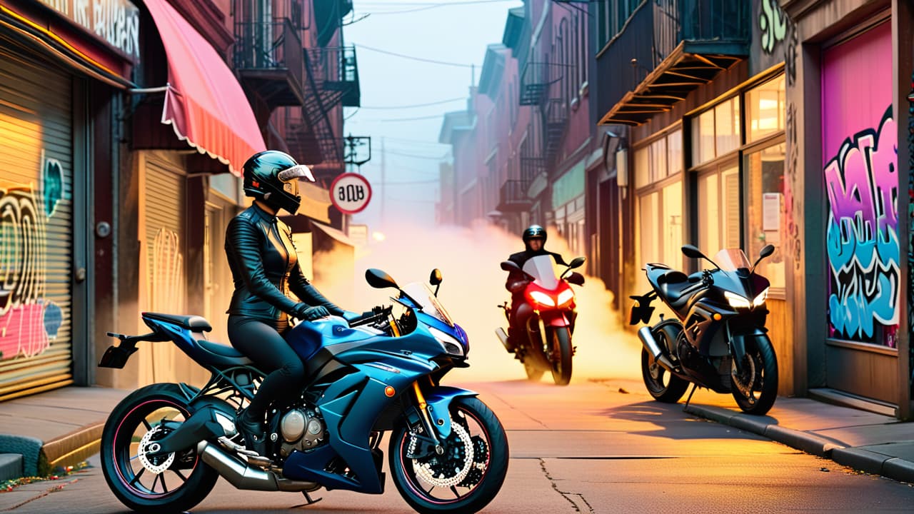  a sleek motorcycle parked on a bustling city street, flanked by cyclists in urban attire, vibrant graffiti covered walls, and pedestrians crossing, capturing the essence of urban mobility and the connection between motorcycles and cycling. hyperrealistic, full body, detailed clothing, highly detailed, cinematic lighting, stunningly beautiful, intricate, sharp focus, f/1. 8, 85mm, (centered image composition), (professionally color graded), ((bright soft diffused light)), volumetric fog, trending on instagram, trending on tumblr, HDR 4K, 8K