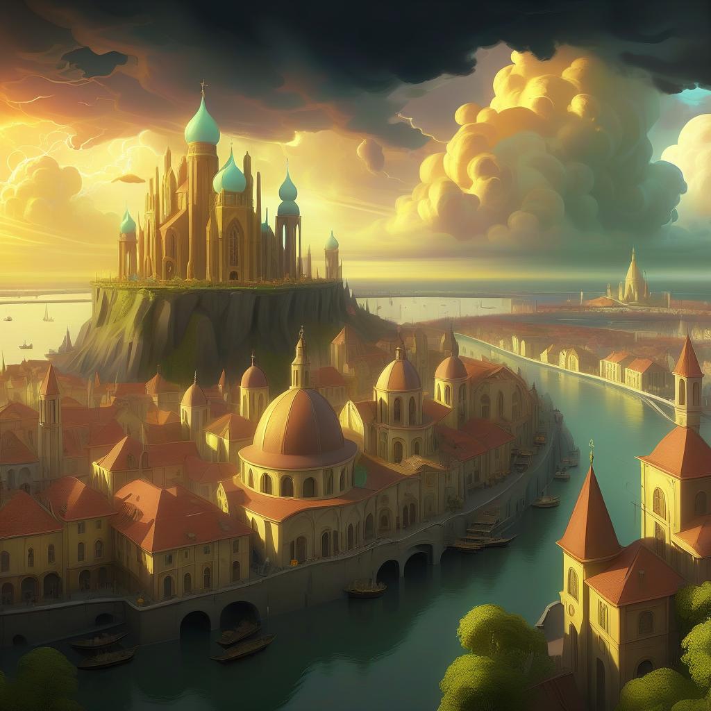  ethereal fantasy concept art of renaissance city on island, dark weather, через пролив от города идёт война, vibrant color grading, golden hour, panoramic shot, dramatic angle, vibrant colors, cel shading . magnificent, celestial, ethereal, painterly, epic, majestic, magical, fantasy art, cover art, dreamy