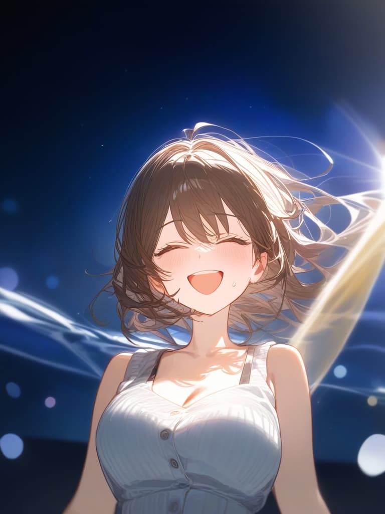  under the starry sky, a girl laughing and laughing, bright brown hair, transparent fleeting, black sleeveless dress, white cardigan, the whole body facing in front, laughing. be, masterpiece, best quality,8k,ultra detailed,high resolution,an extremely delicate and beautiful,hyper detail