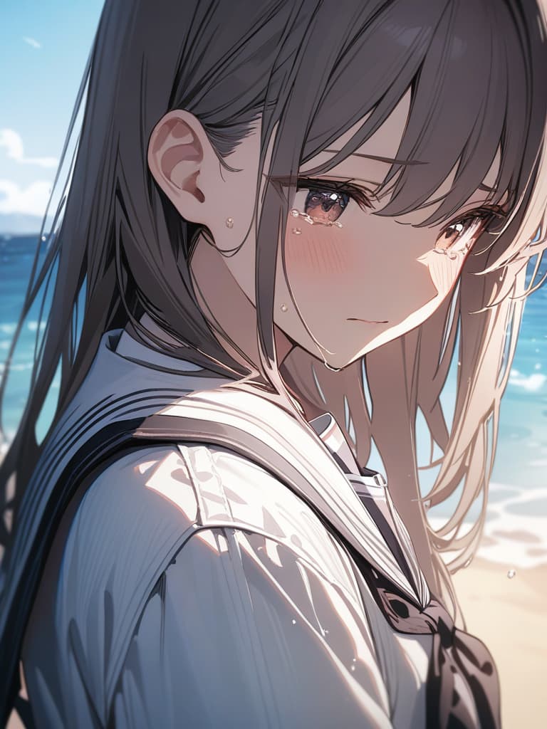  sea, crying girl, hair fluttering, sailor suit, masterpiece, best quality,8k,ultra detailed,high resolution,an extremely delicate and beautiful,hyper detail