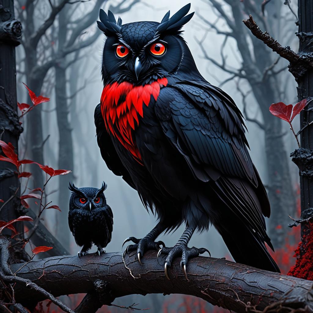  a black crow with blood red eyes and a black screech owl together in a dark fantasy landscape photo realistic, highly intricate and detailed, masterpiece, ultra high res,photography,8k resolution