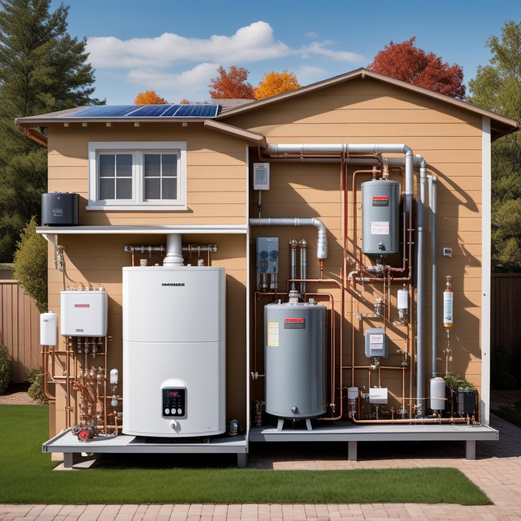  A detailed planner showing various types of water heaters such as tankless, storage tank, heat pump, and solar water heaters. Each water heater type is illustrated with labeled parts and connections. The planner should include diagrams, charts for energy efficiency, installation tips, and maintenance schedules. hyperrealistic, full body, detailed clothing, highly detailed, cinematic lighting, stunningly beautiful, intricate, sharp focus, f/1. 8, 85mm, (centered image composition), (professionally color graded), ((bright soft diffused light)), volumetric fog, trending on instagram, trending on tumblr, HDR 4K, 8K