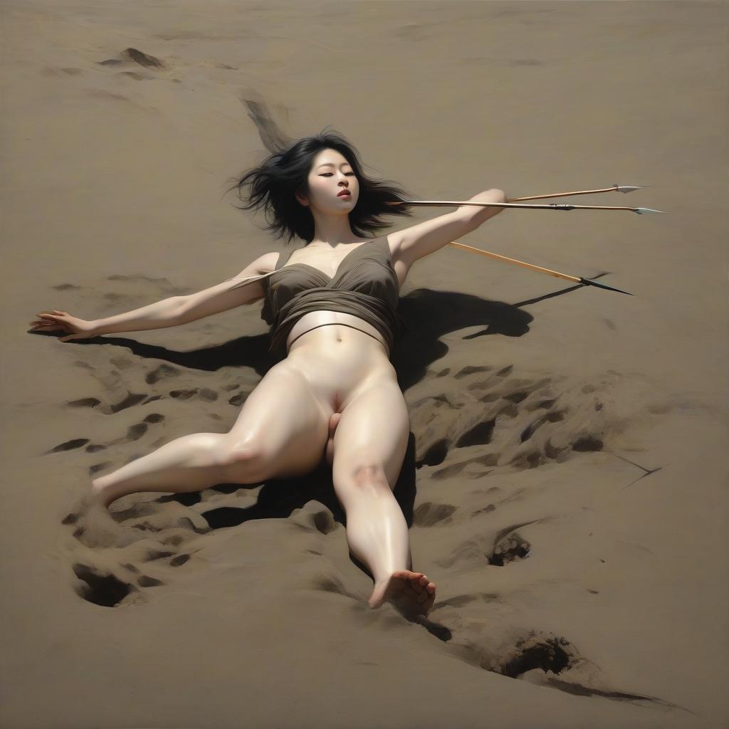  painting. a young japanese woman falls on the dark sand pierced by an arrow.