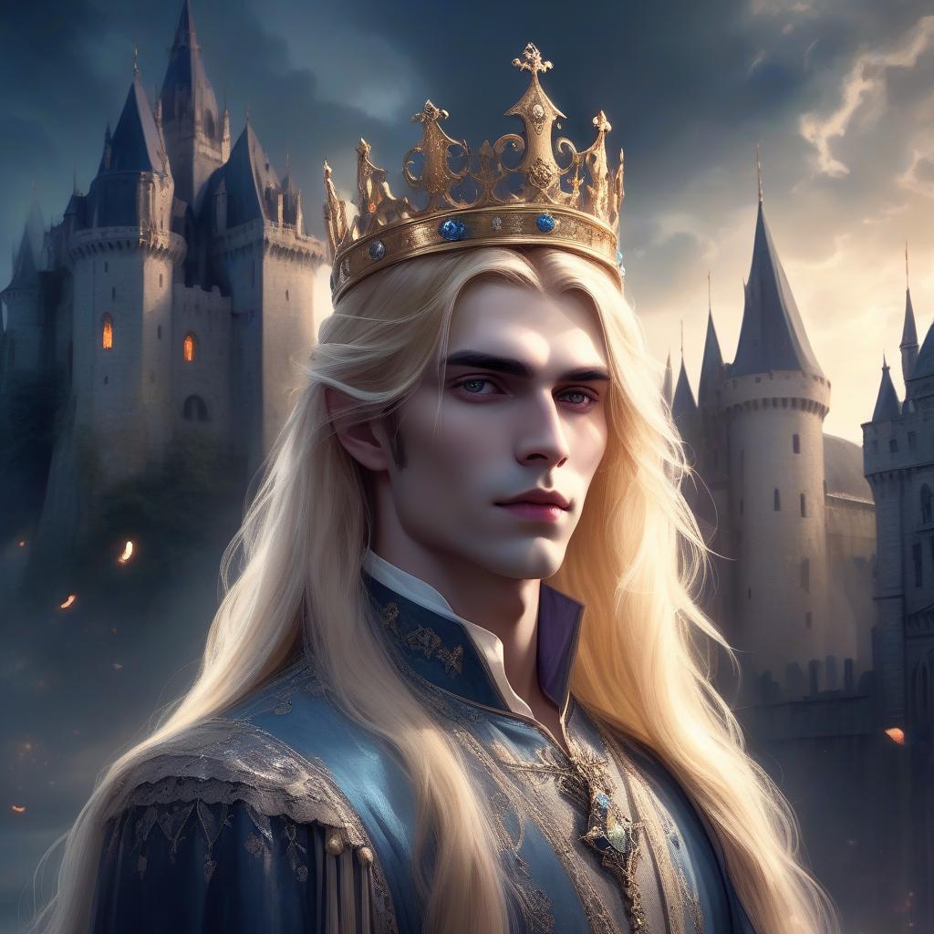  ethereal fantasy concept art of young vampire aristocrat with long blonde hair rich clothes and a crown on his head, night, near the castle, aesthetics of beauty and grandeur . magnificent, celestial, ethereal, painterly, epic, majestic, magical, fantasy art, cover art, dreamy