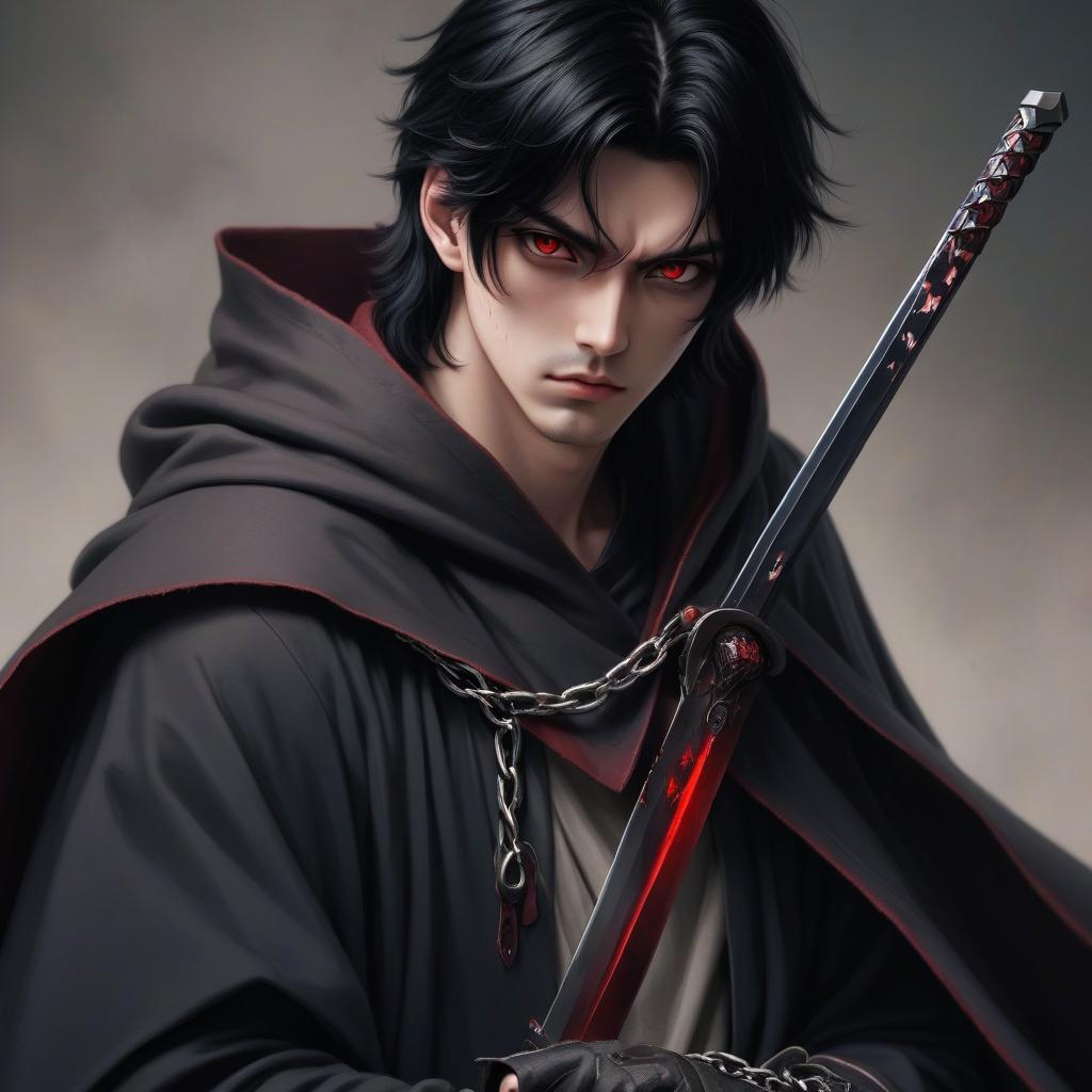  a black haired guy about 17. in a cloak on an iron chain clasp. a slight paleness. brown eyes. he has a katana weapon with a blood red blade