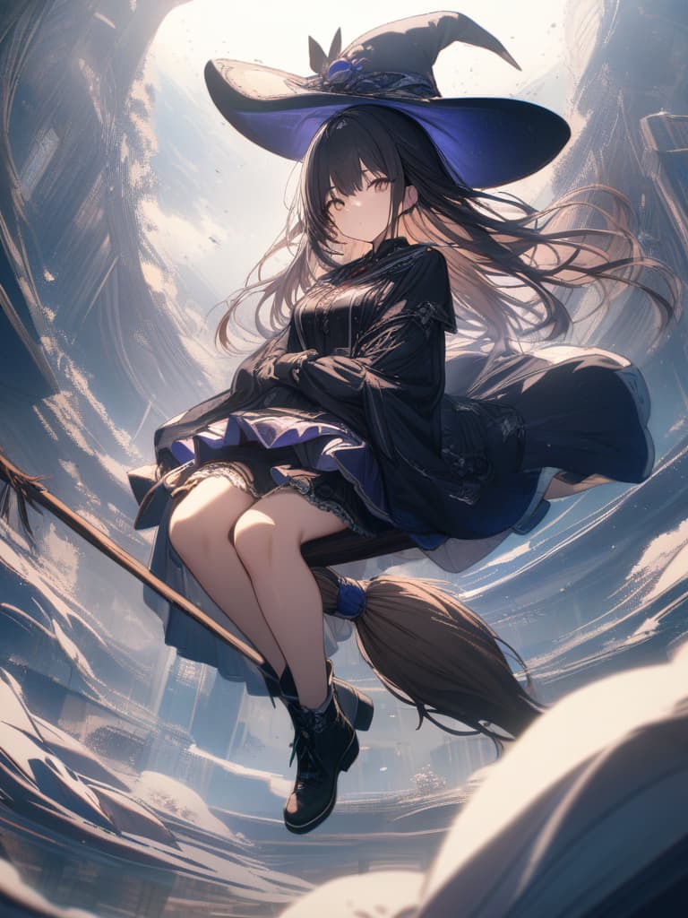  witches, girls, hats, hair fluttering, flying in the sky, sitting on a broom, sitting on a broom, sky, masterpiece, best quality,8k,ultra detailed,high resolution,an extremely delicate and beautiful,hyper detail