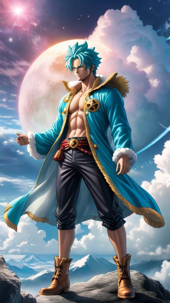  anime art depicting uranus from one piece controlling the weather with mysterious power in the skies. hyperrealistic, full body, detailed clothing, highly detailed, cinematic lighting, stunningly beautiful, intricate, sharp focus, f/1. 8, 85mm, (centered image composition), (professionally color graded), ((bright soft diffused light)), volumetric fog, trending on instagram, trending on tumblr, HDR 4K, 8K