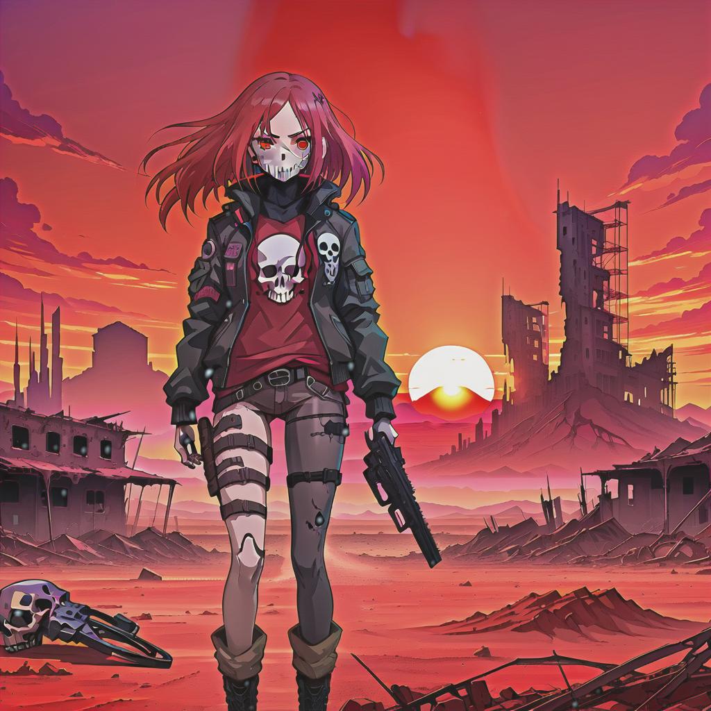  anime artwork high quality image of post apocalyptic landscape with ruined buildings, woman standing, in a jacket with a skull, the red sunset on the backround, in a red desert, cyberpunk art, anime style . anime style, key visual, vibrant, studio anime, highly detailed