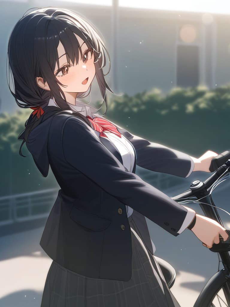  a girl with a short black hair goes to school by bicycle.