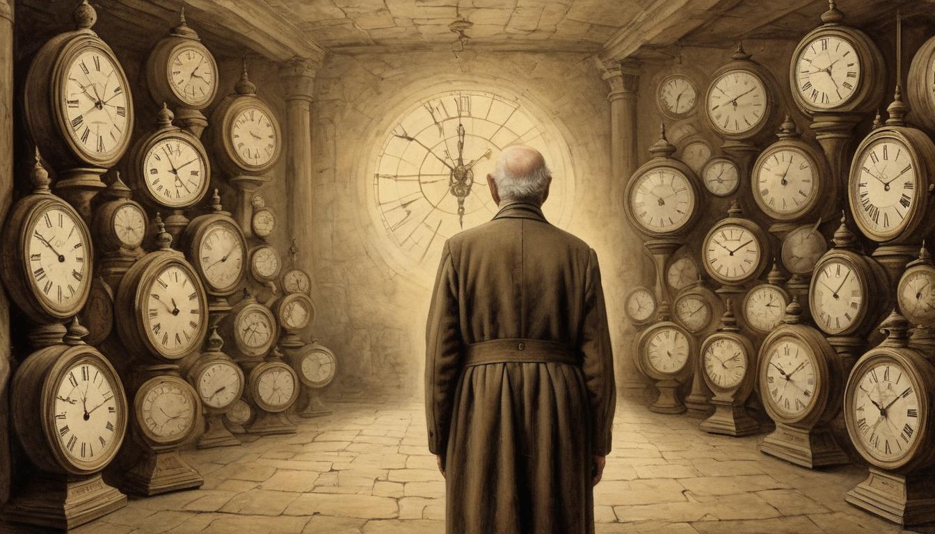  on parchment, surrealism++, elderly figure with wise eyes, standing in a room filled with clocks, all showing the same time, light rays breaking through, end of waiting, clarity(mysterious, provocative, symbolic)++