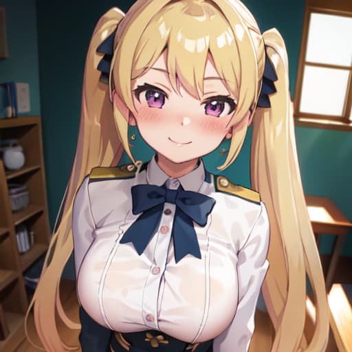  master piece , best quality,pov, , ultra detailed, 8k anime art, look at viewer, 1girl, blonde hair, twintail, uniform, shirtlift, , smile, blush, clroom