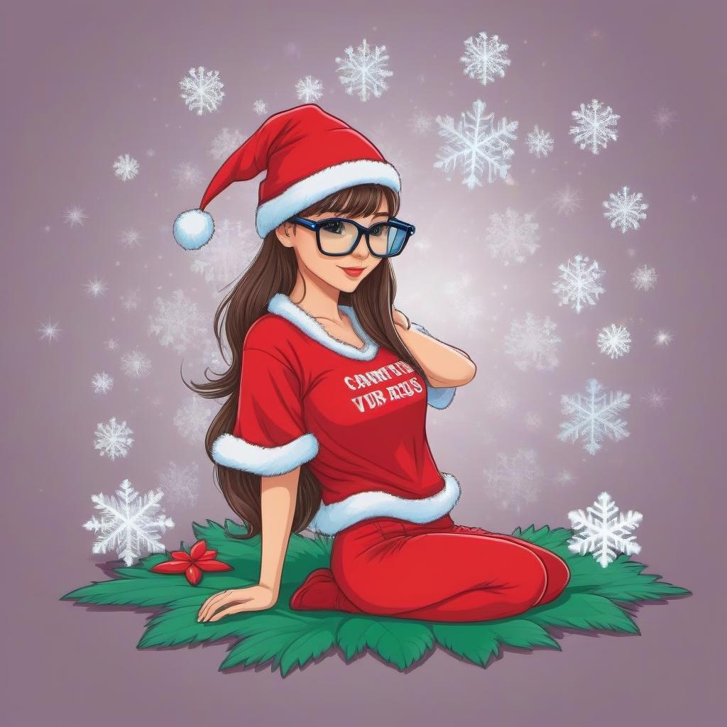  Cartoon computer virus-a girl in luminous glasses, a Hawaiian T-shirt and a Santa Claus Christmas hat