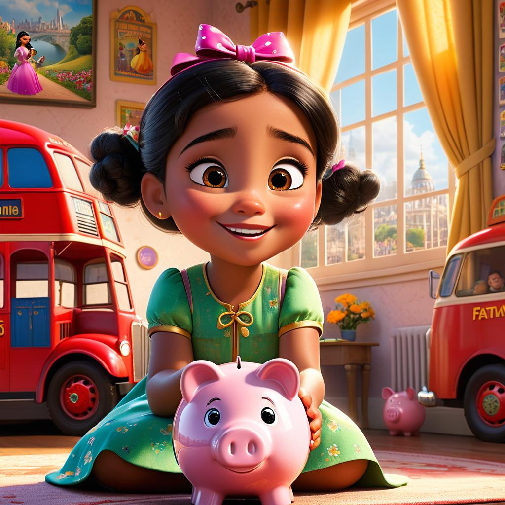  in 3d animated movie style. disney pixar style. fatima, a 4 old in a colorful flowery dress with a bow, sitting in her cozy bedroom. holding a shiny coin, about to drop it into a london bus shaped piggy bank. room adorned with travel themed posters and a world map. pixar 3d animated film style with detailed rendering. soft, warm lighting, bright cheerful colors, capturing fatima's optimism. low angle shot on fatima's determined face as she interacts with the coin and piggy bank, symbolizing her adventurous spirit.