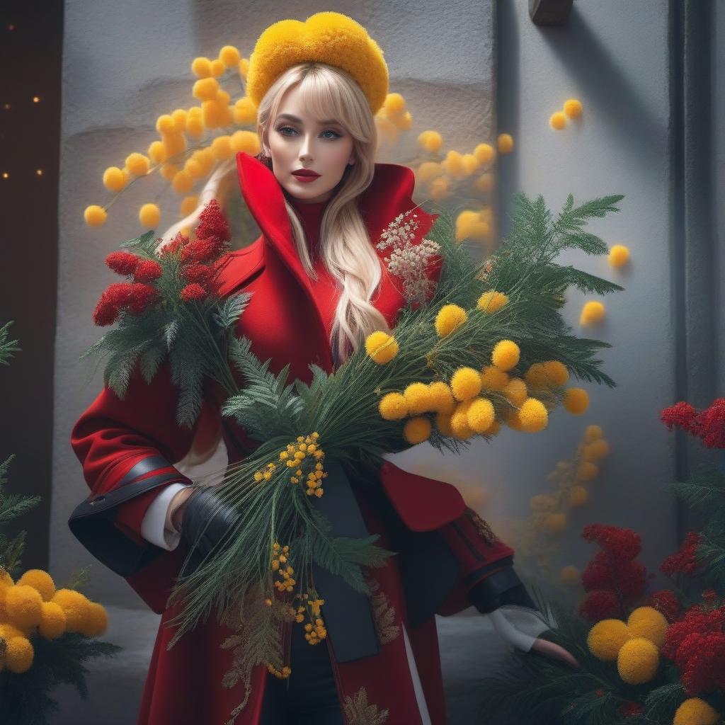  Blonde in a red coat with a bouquet of mimosa hyperrealistic, full body, detailed clothing, highly detailed, cinematic lighting, stunningly beautiful, intricate, sharp focus, f/1. 8, 85mm, (centered image composition), (professionally color graded), ((bright soft diffused light)), volumetric fog, trending on instagram, trending on tumblr, HDR 4K, 8K