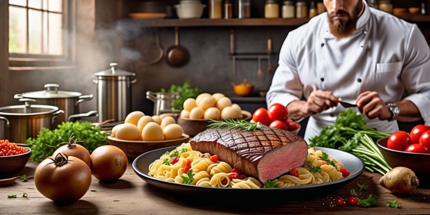  hyperrealistic art cover banner for culinary youtube channel. use without a person on the banner, with potatoes, pastas, sauce. add meat . extremely high resolution details, photographic, realism pushed to extreme, fine texture, incredibly lifelike hyperrealistic, full body, detailed clothing, highly detailed, cinematic lighting, stunningly beautiful, intricate, sharp focus, f/1. 8, 85mm, (centered image composition), (professionally color graded), ((bright soft diffused light)), volumetric fog, trending on instagram, trending on tumblr, HDR 4K, 8K