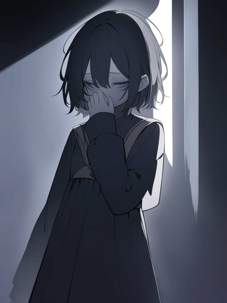  a melancholic,androgynous character with pale skin,wearing dark clothing that blends into a dimly lit room. they stand alone,holding a slightly cracked mirror close to their face,reflecting their somber,haunted expression. the lighting is soft and eerie,with shadows enveloping parts of the room. the mirror captures a small reflection of the character's weary eyes,creating a subtle unsettling atmosphere. the character has a mysterious aura,with a few strands of hair falling over their face,giving a delicate yet eerie feeling.