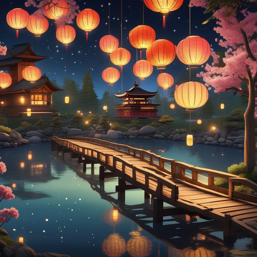  masterpiece, best quality, (Fidelity: 1.4), Best Quality, Masterpiece, Ultra High Resolution, 8k resolution, A night view inspired by Japanese art, featuring a garden illuminated by paper lanterns and a wooden bridge spanning a tranquil lake, by the lakeside, there is a small Zen temple. The water reflects the starry sky.