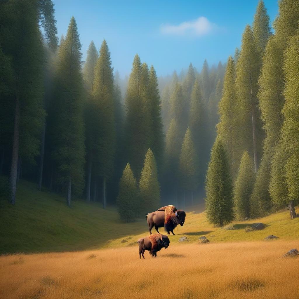  Bison hyperrealistic, full body, detailed clothing, highly detailed, cinematic lighting, stunningly beautiful, intricate, sharp focus, f/1. 8, 85mm, (centered image composition), (professionally color graded), ((bright soft diffused light)), volumetric fog, trending on instagram, trending on tumblr, HDR 4K, 8K