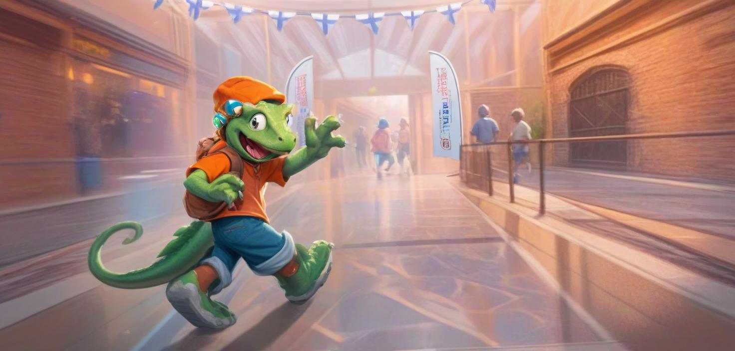  breathtaking a cartoon lizard wearing an orange shirt, blue pants, and a hat, running excitedly in a brightly lit indoor setting with people in the background. . award winning, professional, highly detailed, civitai