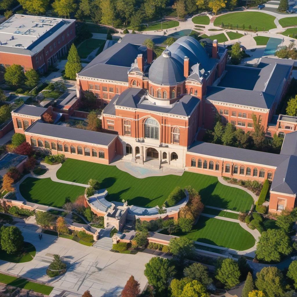  aerial view of a wealthy high school with outdoor courtyard and multi level arches with a grand entrance curb appeal , mystical style