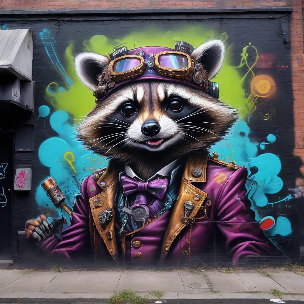  graffiti style steam punk, ghost raccoon. . street art, vibrant, urban, detailed, tag, mural