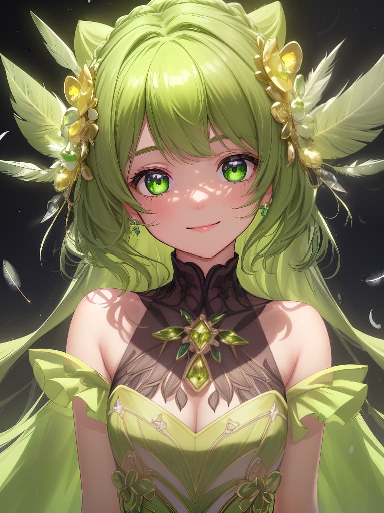  best quality,ultra highres,ultra high quality,4k,highly detailed,extremely detailed cg,(adorable pop:1.3),magnified,and dramatically lit image of a girl with an iris made of a peridot gemstone. the vibrant lime green hue has subtle yellow undertones,with delicate inclusions resembling fine threads or feathers. the rich,velvety black background enhances the gemstone's luminescent quality. carefully managed highlights reveal the intricate cuts and facets of the gemstone,while soft shadows emphasize its three dimensional presence,evoking a sense of luxury and sophistication. the girl’s face is detailed,with a smiling expression.