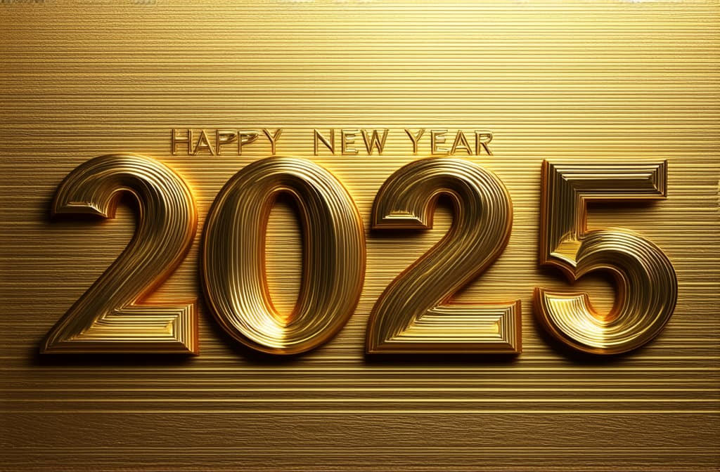  professional detailed photography, happy new year 2025 poster on golden background ar 3:2, (muted colors, dim colors, soothing tones), (vsco:0.3)