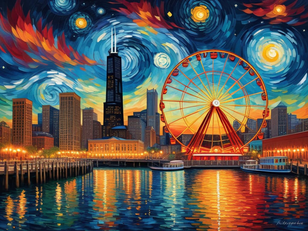  concept art chicago’s centennial ferris wheel, chicago’s navy pier, chicago skyline with prominent towers like willis, hancock, crains communication (slice building) with colorful van gogh swirls in the sky, van gogh's starry starry night with colorful red and orange swirls in the beautiful night sky, hyper realistic, chicago skyline, mesmerizing, intricate details, flambient golden and red sunrise, dramatic lighting, epic composition, wide angle, cinematic, masterpiece, high resolution, sharp details, best quality, 4k, raw photo, van gogh influence, studio lighting, impressionist, bold colors, starry sky, architectural elements, medium format lens, high angle, cityscape, city life, metropolitan, van gogh's brushstrokes, van gogh's shad