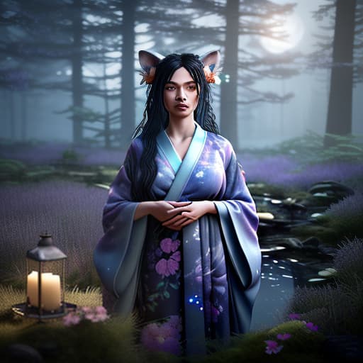  Создано на основе запроса: photograph ogin a misty, enchanted forest at night, a beautiful female yokai with long black hair and flowing waves stands gracefully. her eyes glow softly, reflecting the moonlight, and she is dressed in a lavender kimono embroidered with moving patterns of flowers and stars. surrounding her are fantastical creatures: a group of rainbow colored flying fish, a three legged deer with a glowing blue flame on its back, and a fox with five tails, each tail blooming with glowing flowers. the scene exudes mystery and elegance, shot 35 mm, realism, octane render, 8k, trending on artstation, 35 mm camera, unreal engine, hyper detailed, photo realistic maximum detail, volumetric light, realistic mat