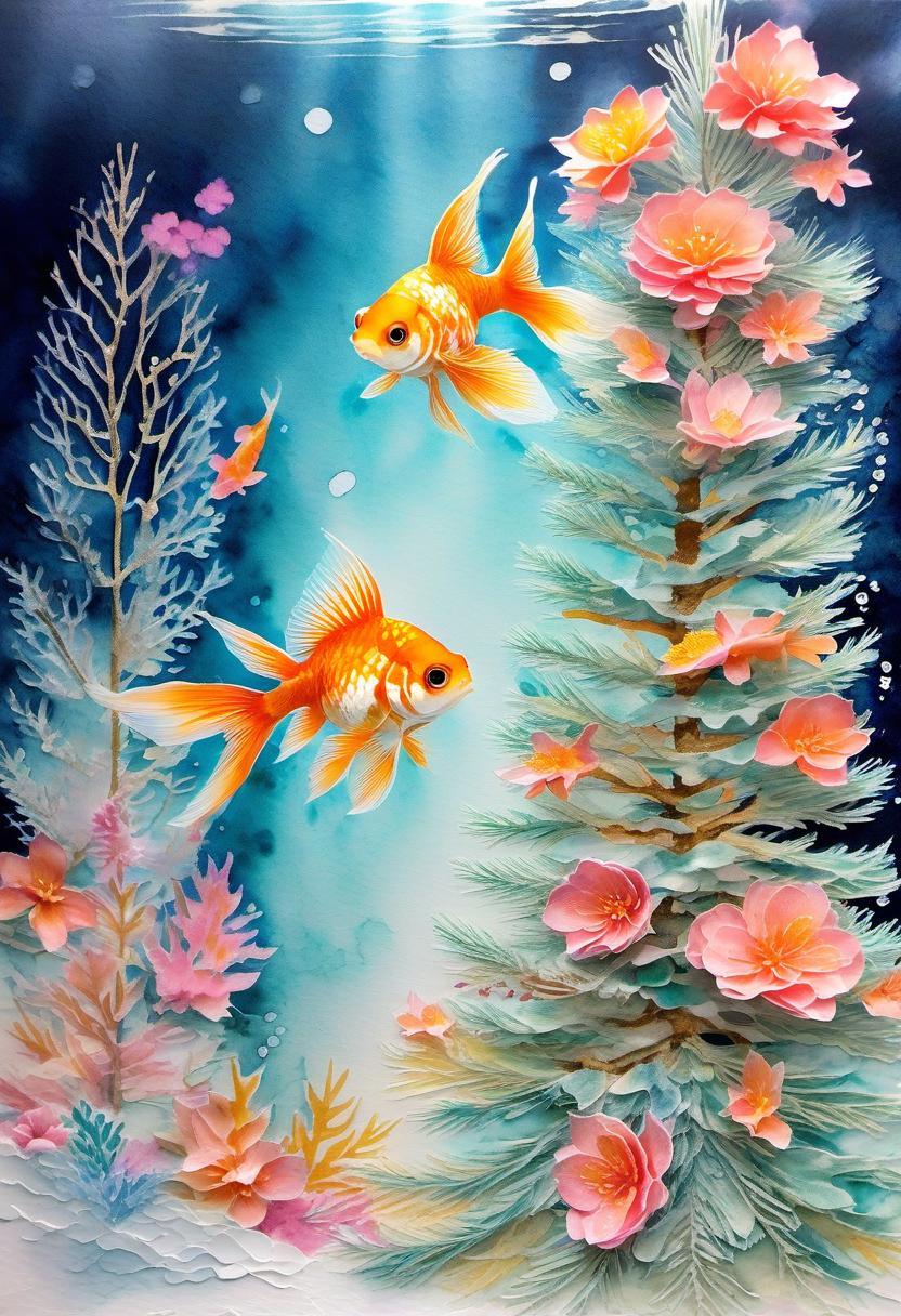  fairy tale christmas trees with cones, a fabulous goldfish in an aquarium in a kimono, (double exposition: 1.4). (soft textured paper). alcohol ink of (bright) flowers. the incompleteness effect. tenderness of watercolors, winter, delicate colors. thin white lines. emotion. light relief pattern. . magical, fantastical, enchanting, storybook style, highly detailed