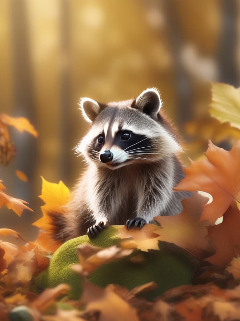  super cute raccoon, metamorphose, autumn leaves, masterpiece, best quality,8k,ultra detailed,high resolution,an extremely delicate and beautiful,hyper detail