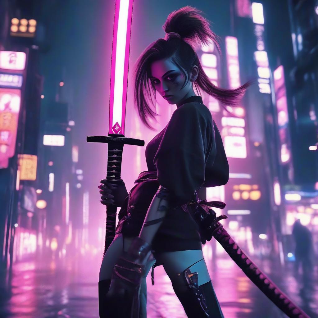  a slender athletic girl with long legs, very high heeled shoes, in her hand a long samurai katana sword, hair tied in a ponytail, in the style of japanese cyberpunk, in bangkok, photo below, in the style of christopher nolan, high quality photography, in an epic pose, glowneon