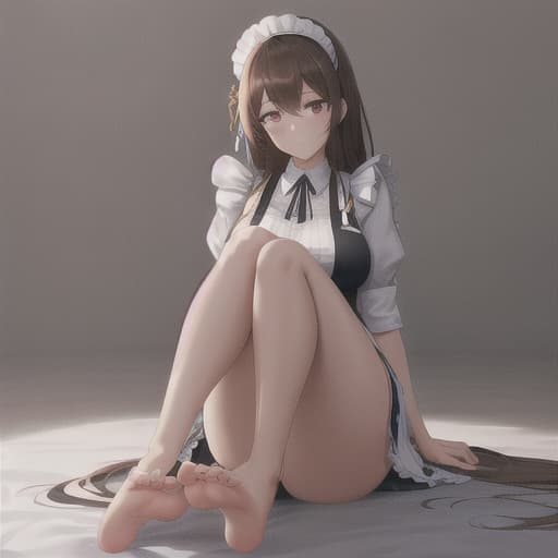  (score 9,score 8 up,score 7 up,),1girl,solo,maid,maid headdress,looking at viewer,apron,brown hair,indoors,black hair,bare foot,feet focus,two feet hyperrealistic, full body, detailed clothing, highly detailed, cinematic lighting, stunningly beautiful, intricate, sharp focus, f/1. 8, 85mm, (centered image composition), (professionally color graded), ((bright soft diffused light)), volumetric fog, trending on instagram, trending on tumblr, HDR 4K, 8K
