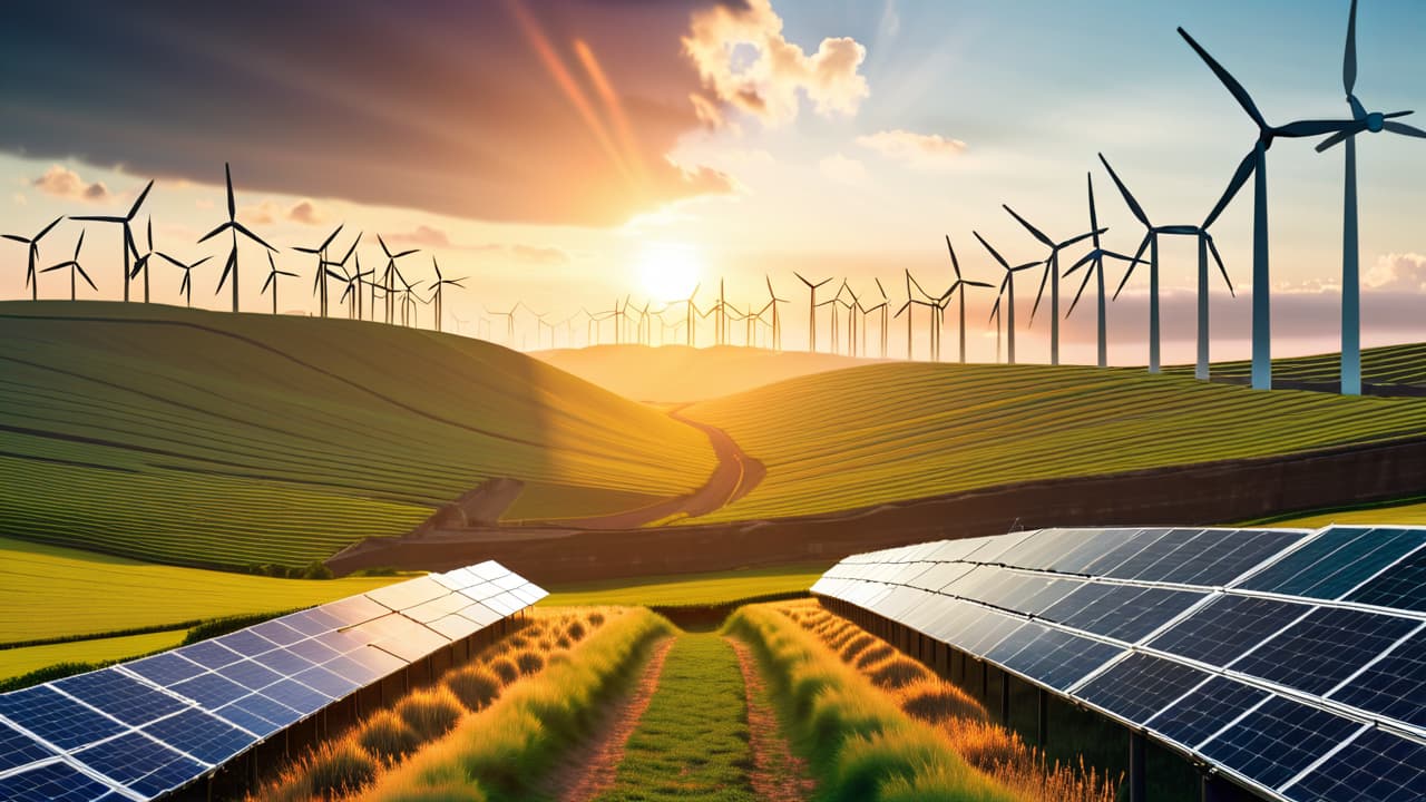  a split landscape featuring vibrant solar panels and wind turbines on one side, contrasted with dark coal mines and oil rigs on the other, showcasing the coexistence of renewable and nonrenewable energy resources. hyperrealistic, full body, detailed clothing, highly detailed, cinematic lighting, stunningly beautiful, intricate, sharp focus, f/1. 8, 85mm, (centered image composition), (professionally color graded), ((bright soft diffused light)), volumetric fog, trending on instagram, trending on tumblr, HDR 4K, 8K