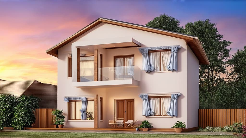  real estate photography style cute house with curtains, sunset on sky background ar 16:9 . professional, inviting, well lit, high resolution, property focused, commercial, highly detailed