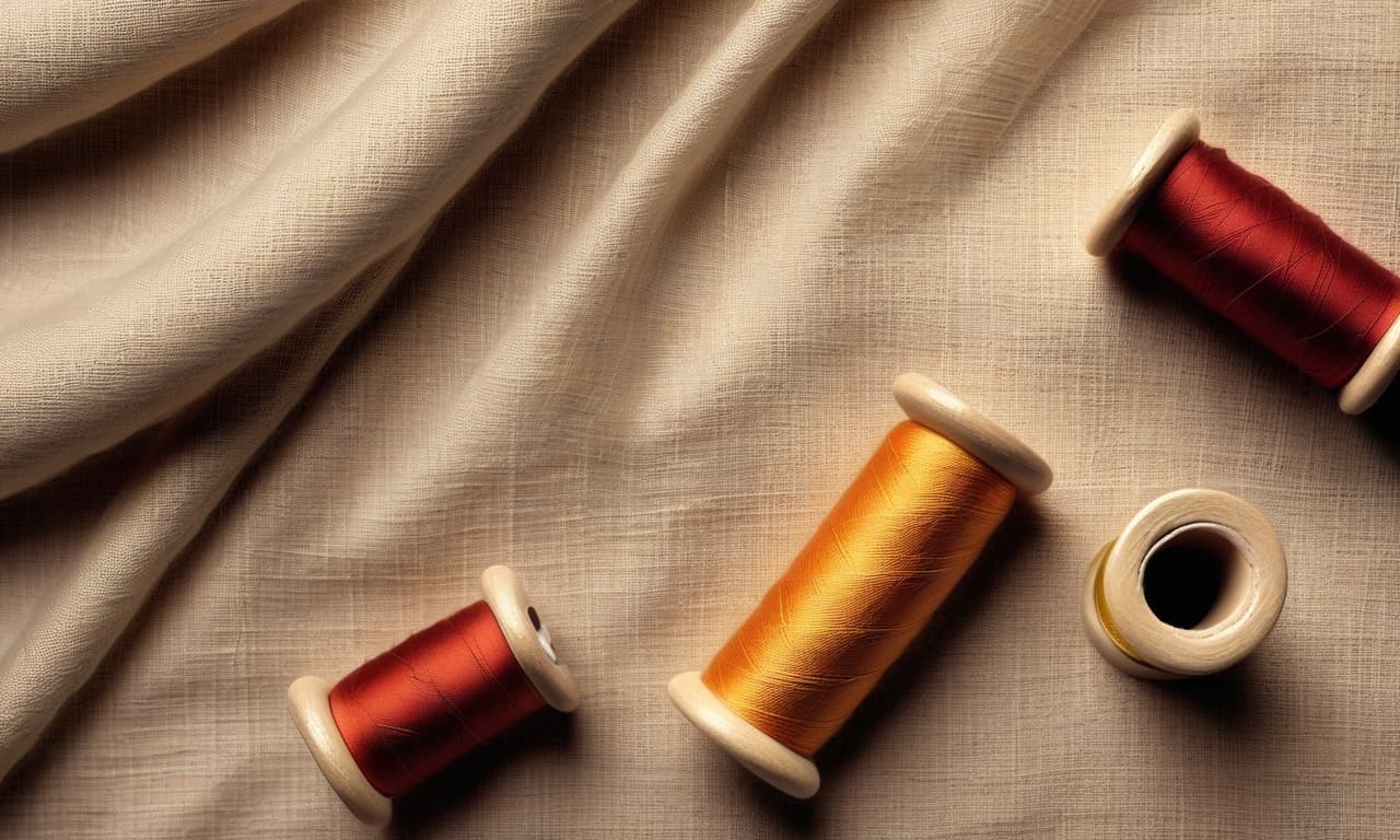  realistic photograph, top view, {natural linen fabric with soft folds, ((two spools)) of sewing thread lie ((on the right side)) of the frame}. soft diffused daylight. the spools of thread are realistic and have the correct shape. christian tagliavini