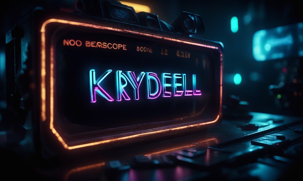  cinematic film still neon inscription "krydell." the background is dark. around different items from games . shallow depth of field, vignette, highly detailed, high budget, bokeh, cinemascope, moody, epic, gorgeous, film grain, grainy