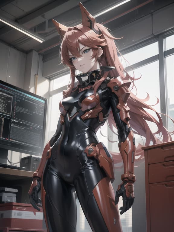  master piece, best quality, ultra detailed, highres, 4k.8k, asuka, standing tall with a determined pose, holding a helmet under her arm, confident and assertive, break asuka's bold and confident demeanor shines through, nerv headquarters, eva unit 02, control panels, futuristic cityscape, holographic displays, break technological and intense, subtle glow from the advanced technology, dramatic lighting effects,