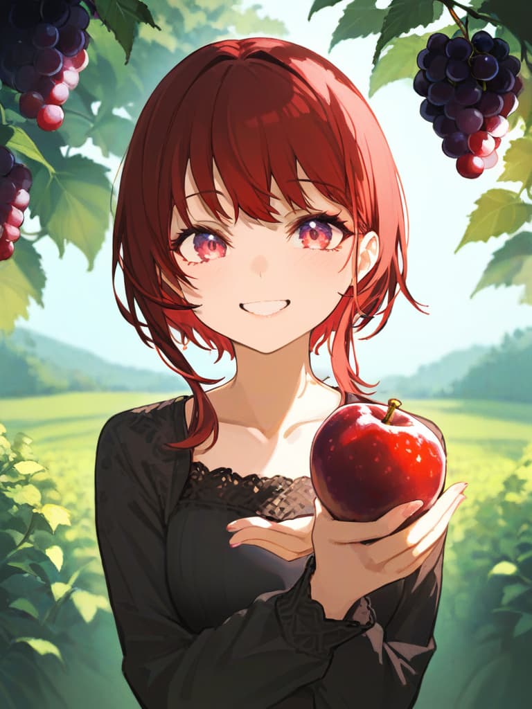  best masterpieces, grapes, cute girls, delicate red hair, delicate light colored eyes, one bunch of grapes in hand, grapes, happy smiles, backgrounds, high quality, 16k