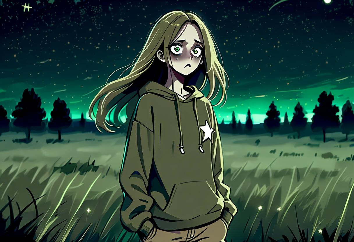  horror themed a girl in anime style with long hair runs around the field at night dressed in a khaki colored sweatshirt and pants. the girl looks at the starry sky at night with black lower eyelids under the eyes of a specific color full of fear of the unknown and curiosity. there are stars in the night sky. . eerie, unsettling, dark, spooky, suspenseful, grim, highly detailed